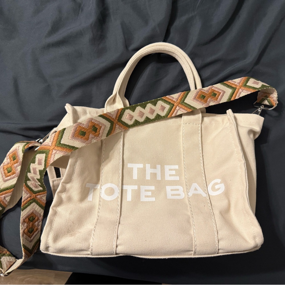 Beige Tote Bag with Patterned Strap